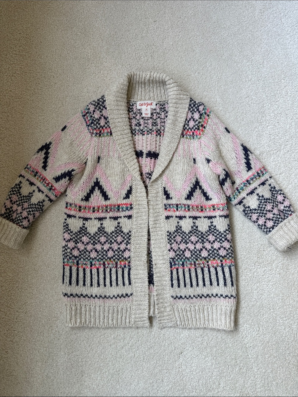 Cat & Jack Cream Fair Isle Shawl Collar Cardigan with Pink and Navy Accents